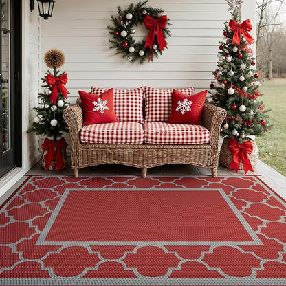 GENIMO 6' x 9' Outdoor Rug Waterproof for Patio Christmas Decor, Foldable Reversible Plastic Straw Area Rugs Mat for Camper, Outside Carpet for Rv, Deck, Porch, Picnic, Beach, Balcony, Red & Grey