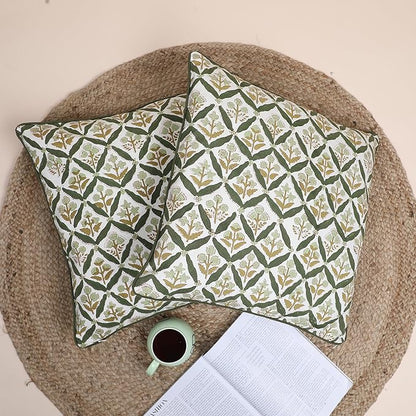 SheetKart Pure Cotton Throw Pillow Covers - Set of 2 - Hand Block Pure Cotton Printed Boho Decorative Pillow Covers - Cushion Covers for Living Room, Bohemian Theme, 18 x 18 Inches, Sagewood Olive