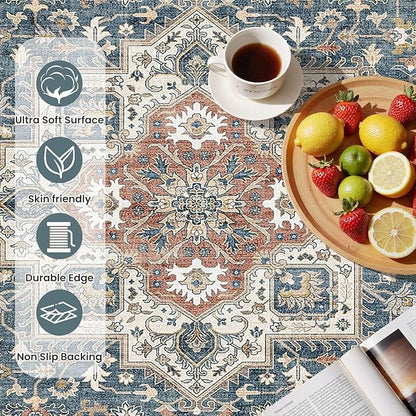 Vintage Entryway Area Rug 2x3 - Large Soft Washable Oriental Traditional Distressed Farmhouse Rugs for Bedroom - Indoor Floor Accent Carpet for Home Office House Decor - Blue