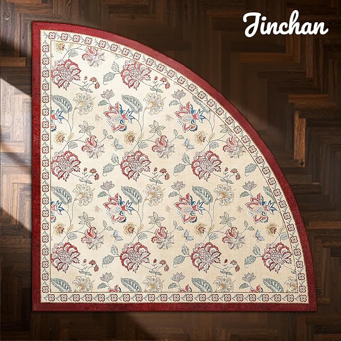 jinchan Elora Floral Corner Rug for Entryway Washable Rug Vintage Romance Christmas Design Non Slip Quarter Circle Lightweight Low-Pile Throw Carpet for Playroom Nook Nursery, 4ft Radius, Red/Beige