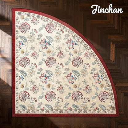 jinchan Elora Floral Corner Rug for Entryway Washable Rug Vintage Romance Christmas Design Non Slip Quarter Circle Lightweight Low-Pile Throw Carpet for Playroom Nook Nursery, 4ft Radius, Red/Beige