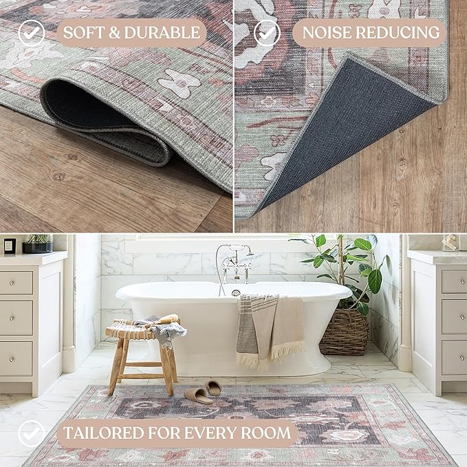 Fame Living Green Oushak Runner Rug, Modern Runners, Turkish, Eclectic, Floral, Pastel, Washable, Small Throw Rugs, Short Runner for Hallway, Laundry, Foyer, Bedroom, Kitchen, Bathroom, 2'5"x6'5"