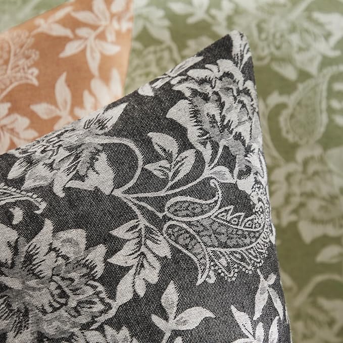 Floral Jacquard Throw Pillow Covers Set of 2, Background/Charcoal 18x18 Inch, Farmhouse Decorative Cotton Dark Grey Cushion Covers for Sofa Bed Living Room Home Decor