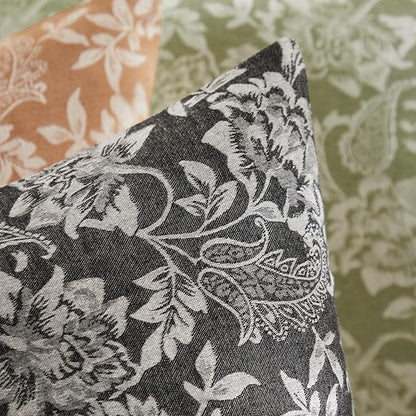 Floral Jacquard Throw Pillow Covers Set of 2, Background/Charcoal 18x18 Inch, Farmhouse Decorative Cotton Dark Grey Cushion Covers for Sofa Bed Living Room Home Decor