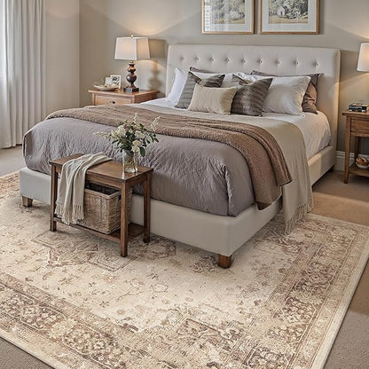 Brown 6x9 Area Rug Washable Vintage Living Room Carpet Non Slip Retro Distressed Low Pile Soft Oriental Medallion Thin Large Throw Rug for Office Bedroom Dining Room Playroom