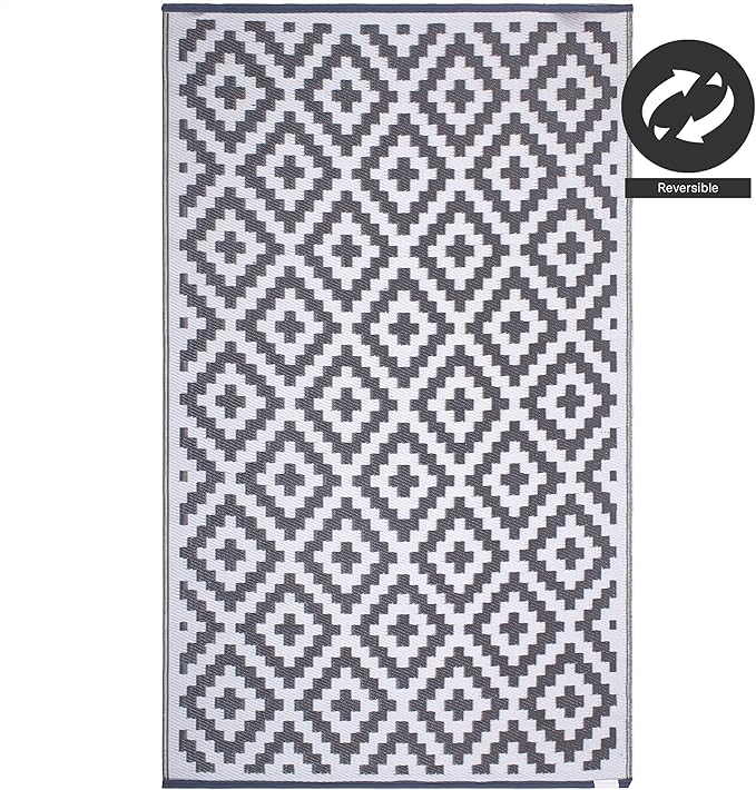 FH Home Outdoor Rug - Waterproof, Fade Resistant, Reversible - Premium Recycled Plastic - Geometric - Large Patio, Deck, Sunroom, Camping, RV - Aztec - Gray & White Crease Free - 6 x 9 ft