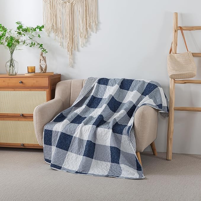 Soul & Lane Checks and Stripes 50" x 60" Blue Buffalo Check Throw: Lap Quilted Blanket, Blue and White Lightweight Couch Quilt, Checkered Coverlet, Plaid Winter Outdoor Quilted Throw Blanket
