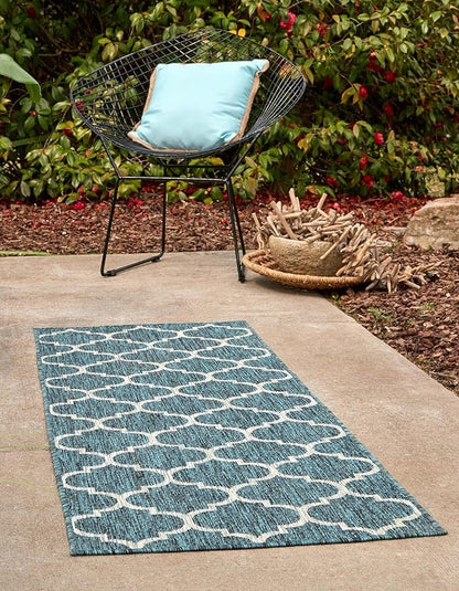 Unique Loom Outdoor Trellis Collection Area Rug (2' 7" x 12' Runner, Teal/ Gray)