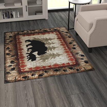 Masada Rugs, Cabin Lodge Area Rug Bear and Cub Scene (4 Feet X 5 Feet)