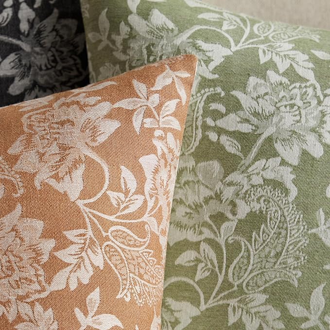 Floral Jacquard Throw Pillow Covers Set of 2, Background/Caramal 16x16 Inch, Farmhouse Decorative Cotton Caramal Cushion Covers for Sofa Bed Living Room Home Decor