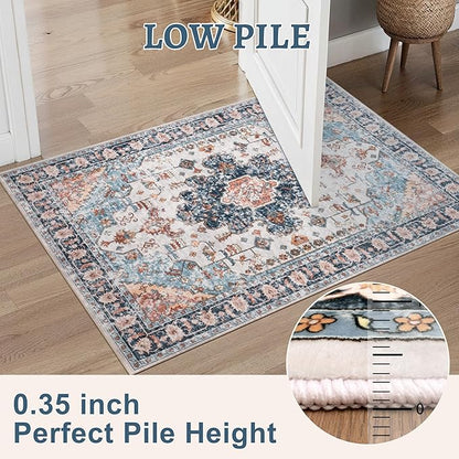 Tangsoo 2x10 Washable Runner Rug for Hallways, Non Slip Vintage Runner Rug, Soft Low Pile Long, Print Distressed Blue/Orange Carpet Runners for Kitchen Bedroom Entryway Bathroom Living Room