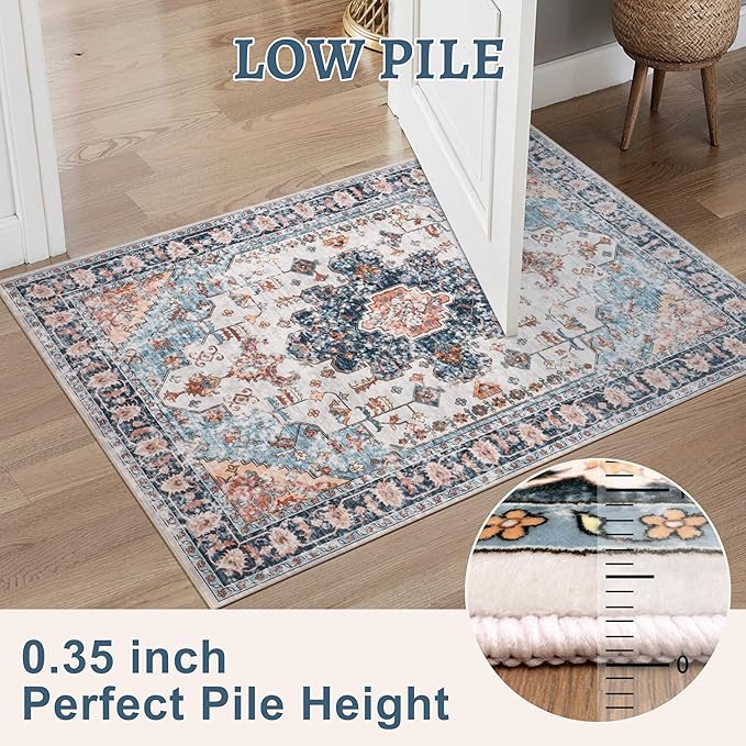 Tangsoo 5x7 Area Rug Washable Rug for Living Room, Vintage Rug Indoor Non Slip Large Area, Print Distressed Blue Carpet, Soft Low Pile Foldable Floor for Bedroom Dining Room Dorm