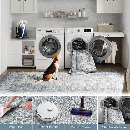 jinchan Floral 5x7 Area Rugs for Bedroom - Machine Washable Vintage Distressed Boho Design Throw Rug Stain Resistant Carpet Low-Pile Thin Non-Slip for Nursery Living Room Dining Room (5‘x7', Grey)