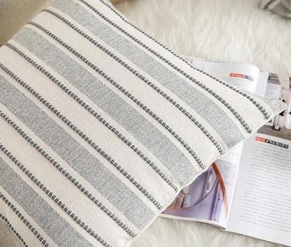 Decorative Boho Throw Pillow Covers, Farmhouse Textured Pillow Case, 22 x 22 Inch Set of 2, Chair Sofa Bedroom Living Room Home Decor Couch Cushion Case, Grey and Beige Striped