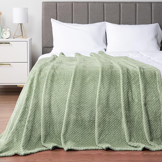 PAVILIA Sage Green Throw Blanket for Couch Bed, Soft Fleece Throws for Sofa Chair, Fuzzy Waffle Textured Blanket, Cozy Warm Lightweight All Season Blanket Throw, 50x60