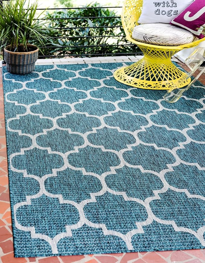 Unique Loom Outdoor Trellis Collection Area Rug (10' x 14' 1" Rectangle, Teal/ Gray)