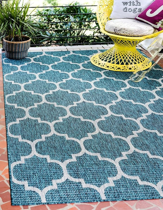 Unique Loom Outdoor Trellis Collection Area Rug (10' x 13' 1" Rectangle, Teal/ Gray)