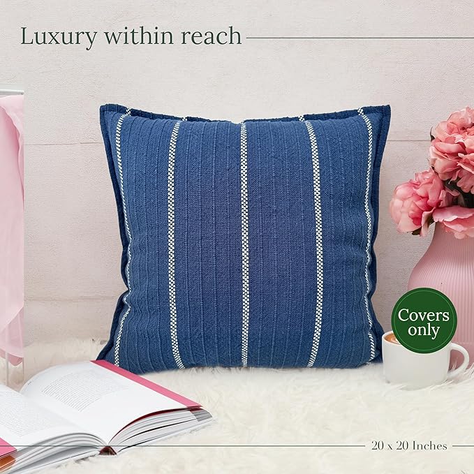SanVia Indigo Snug Premium Cotton Throw Pillow Covers, 20 x 20 Inches, Artisan Made, Luxurious Handwoven Reversible Couch Pillow Covers with Hidden Zipper, Elegant Home Décor, Insert Not Included