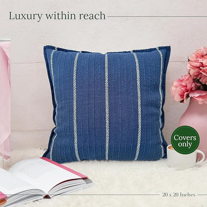 SanVia Indigo Snug Premium Cotton Throw Pillow Covers, 20 x 20 Inches, Artisan Made, Luxurious Handwoven Reversible Couch Pillow Covers with Hidden Zipper, Elegant Home Décor, Insert Not Included