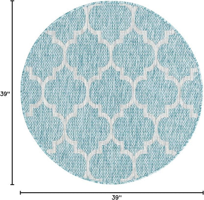 Unique Loom Trellis Collection Area Rug-Lattice Design, Moroccan Inspired for Indoor/Outdoor Décor, 3 ft 3 in x 3 ft 3 in Round, Aquamarine/Gray