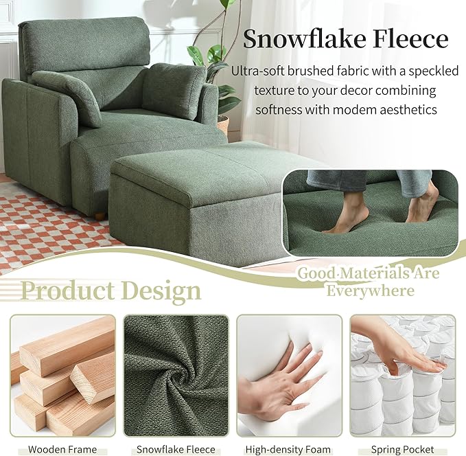 Modern Oversized Accent Chair with Storage Ottoman & Side Pillows, Snowflake Fleece Upholstered Chaise Lounge Chair, Deep Seat Reading Chair for Living Room, 350lbs Capacity