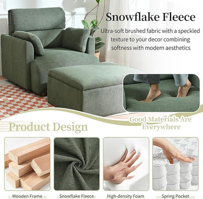 Modern Oversized Accent Chair with Storage Ottoman & Side Pillows, Snowflake Fleece Upholstered Chaise Lounge Chair, Deep Seat Reading Chair for Living Room, 350lbs Capacity