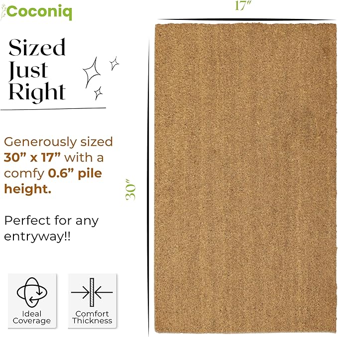 Coir Door Mats 17" X 30", Pack of 1, Non-Slip Sturdy, PVC Backed, Heavy Duty, Easy to Clean, Ideal for Door Entrance, Patio, Porch, Backyard, Garages, Plain Mat