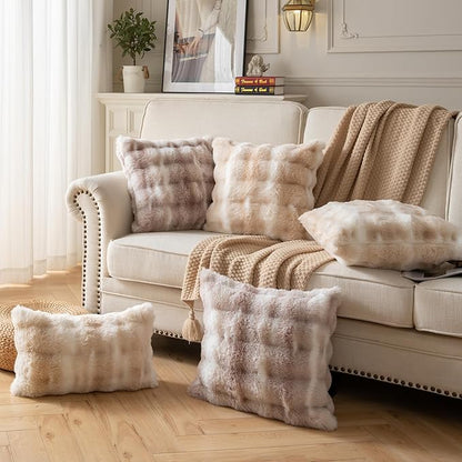Pack of 2 Thick Plush Throw Pillow Covers Fluffy Wave Faux Fur Decorative Cushion Covers Soft Wool Pillowcase for Sofa Couch Livingroom 26x26 Inch White Taupe
