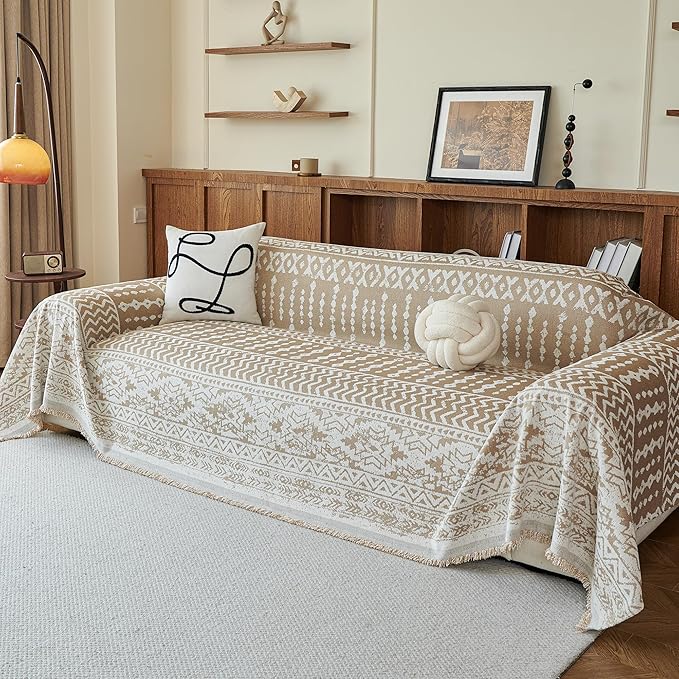 MEETSKY Boho Couch Cover Sofa Slipcover for Sectional Sofa Covers Protector Universal Use Chenille Blend Thick Fabric Washable, Modern Design Sofa Throw Cover for Living Room, 71" x 118", Khaki