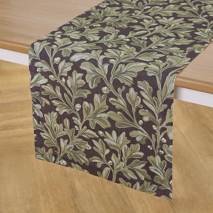 Solino Home 100% Pure Linen Table Runner 132 Inches Long - Floral Print Green and Brown Table Runner 14 x 132 Inch - Handcrafted and Machine Washable - Fallen Leaves Print
