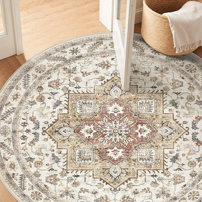 6ft Round Vintage Living Room Area Rug - 6x6 Large Soft Washable Oriental Traditional Distressed Farmhouse Rugs for Bedroom - Indoor Floor Accent Carpet for Home Office House Decor - Golden Taupe