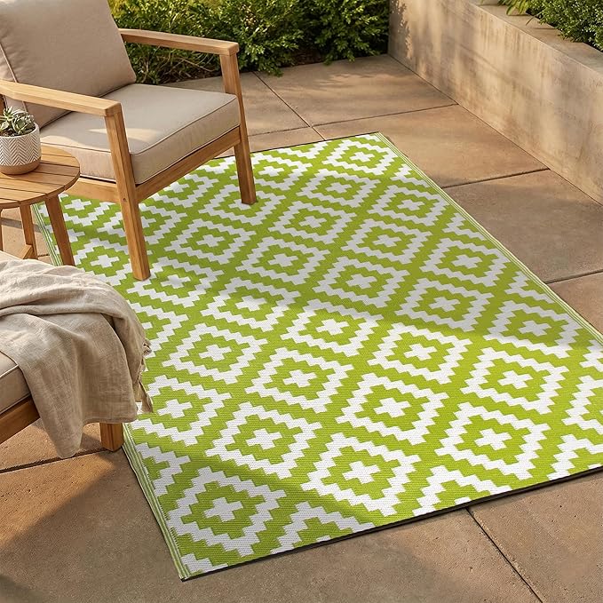 FH Home Outdoor Rug - Waterproof, Fade Resistant, Reversible - Premium Recycled Plastic - Geometric - Large Patio, Deck, Sunroom, Camping, RV - Aztec - Green & White Crease Free - 6 x 9 ft
