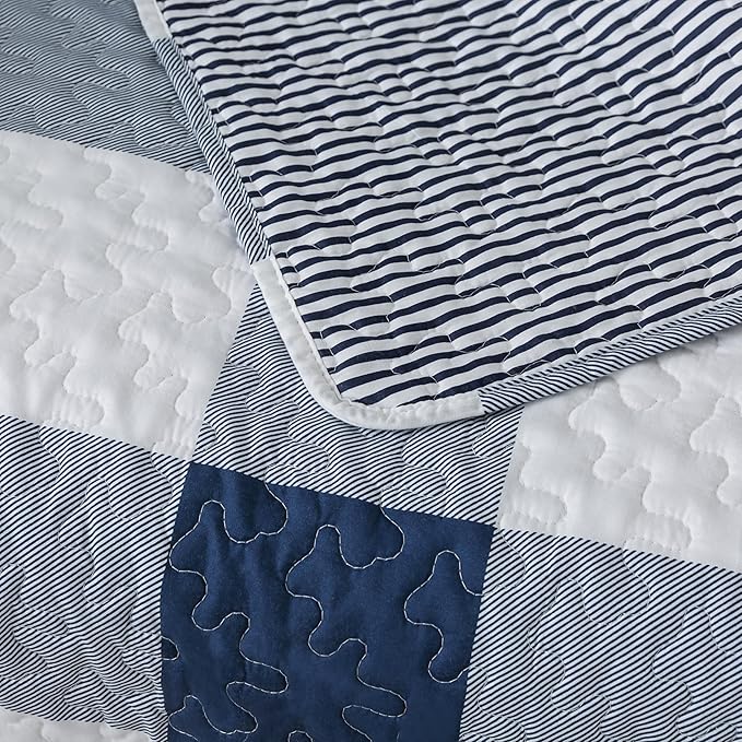 Soul & Lane Checks and Stripes 50" x 60" Blue Buffalo Check Throw: Lap Quilted Blanket, Blue and White Lightweight Couch Quilt, Checkered Coverlet, Plaid Winter Outdoor Quilted Throw Blanket