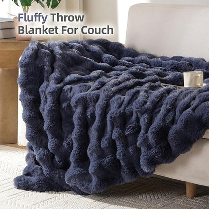 Smoofy Faux Fur Throw Blanket for Couch – Navy Blue Fluffy Cozy Rabbit Fleece, Plush Soft Bubble Blanket for Sofa & Bed, for Mom, Warm Fuzzy Home Room Decor Throw 50" x 60"