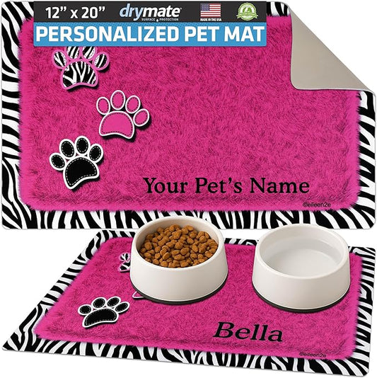 Drymate Personalized Pet Bowl Placemat, Custom Dog & Cat Food Feeding Mat - Absorbent Fabric, Waterproof Backing - Machine Washable/Durable (USA Made) (12" x 20") (Zebra Pink)