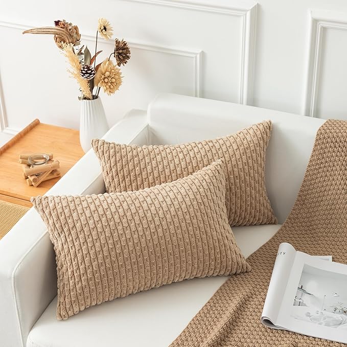 Kevin Textile 12x20 Inch Pillow Cover 1 Pack Boho Decorative Soft Striped Corduroy Lumbar Farmhouse Solid Color Accent Rectangle Cushion Case for Living Room Couch Sofa Bed, Tan