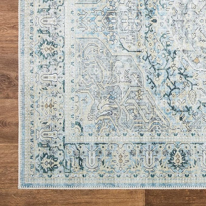 Bloom Rugs Washable Non-Slip 12 ft Runner - Cream/Light Blue/Teal Traditional Medallion Runner for Entryway, Hallway, Bathroom, and Kitchen - Exact Size: 2.5' x 12'
