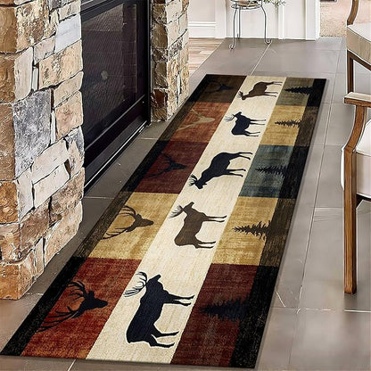 Colorful Elk Pine Tree Bohemian Hallway Rug 4x12ft with Checkered Texture - Retro Washable Kitchen Mat, Non-Slip Floor Decor for Dining Room Balcony, Canvas Art Style