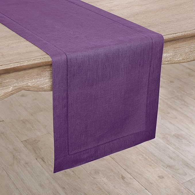 Solino Home Linen Table Runner 90 Inches Long - Classic Hemstitch 100% Pure Linen Purple Dining Table Runner 14 x 90 Inch for Holiday, Christmas, New Year