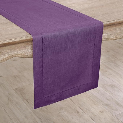 Solino Home Linen Table Runner 90 Inches Long - Classic Hemstitch 100% Pure Linen Purple Dining Table Runner 14 x 90 Inch for Holiday, Christmas, New Year