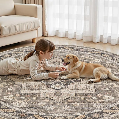 8ft Round Vintage Living Room Area Rug - 8x8 Large Soft Washable Oriental Traditional Distressed Farmhouse Rugs for Bedroom - Indoor Floor Accent Carpet for Home Office House Decor - Brown