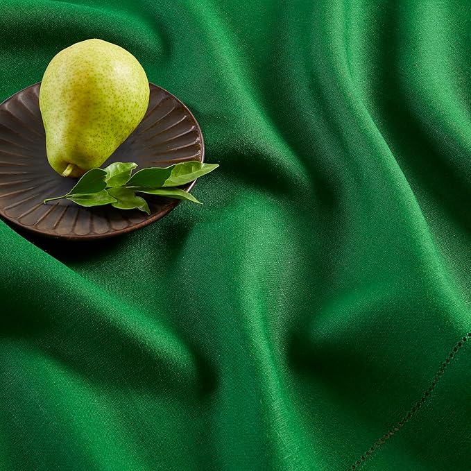 Solino Home Linen Garden Green Table Runner 108 Inches Long - 100% Pure Linen Hemstitch 14 x 108 Inch Table Runner for Dining, Christmas, Winter, New Year - Classic Hemstitch