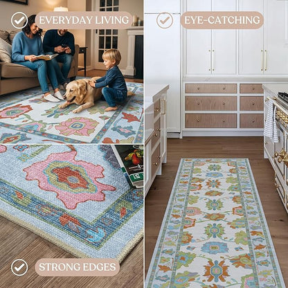 Fame Living Colorful Oushak Rug, Modern, Vintage, Turkish, Eclectic, Floral, Pastel, Washable, Extra Large Area Rugs for Living Room, Dining, Bedroom, Lounge, 9'x12'