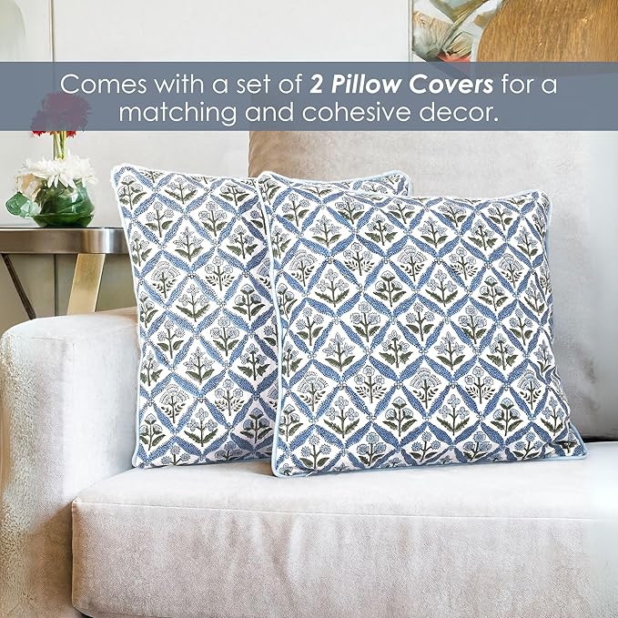 SheetKart Cotton Throw Pillow Covers - Set of 2 - Hand Block Cotton Printed Boho Decorative Pillow Covers - Cushion Covers for Living Room, Bohemian Theme, 16x16 Inches, Floral Blue