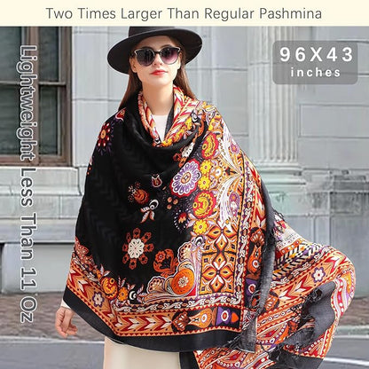 DANA XU 100% Merino Wool Pashmina Shawl for Women 96"x43", Oversized Cashmere Wrap with Tassels, Floral Travel Blanket Cape