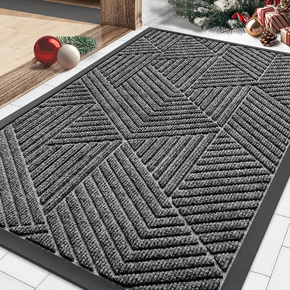 Smiry Front Door Mat Outside Entrance, Heavy Duty Sturdy Natural Rubber Doormat, Trap Dirt and Moisture, Easy Clean Low Profile Mats for Indoor Outdoor Entry, Irregular Triangle (29.5x17, Silver Grey)