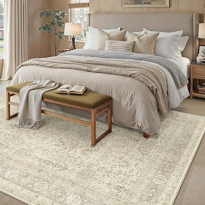 Vintage Area Rug 5x7 Beige Washable Living Room Large Carpet Non Slip Bedroom Indoor Office Low Pile Traditional Distressed Retro Accent Rug for Dining Room Bathroom Kitchen