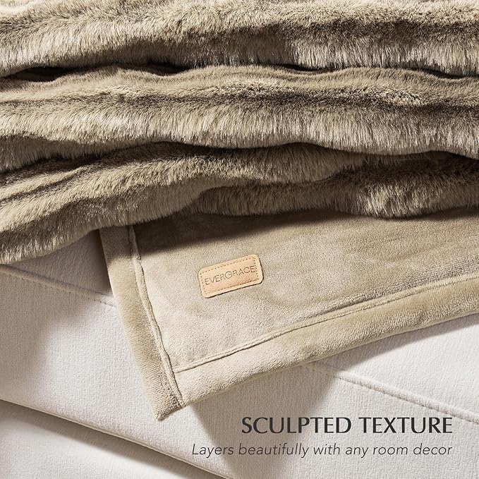 EVERGRACEHOME Ultra Soft Faux Fur Throw Blanket for Couch, Luxury Sculpted Texture Faux Rabbit Fur Blanket for Bed, Fluffy Thick Plush Warm Fuzzy Throw, 920GSM (Natural Tan, 50''x60'')
