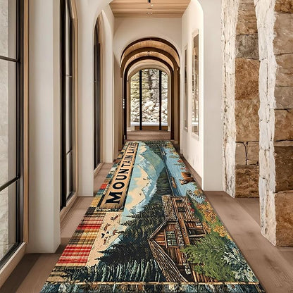 Colorful Oil Painting Bear Rug 3.3x7ft with Mountain Cabin - Bohemian Non-Slip Rug for Living Room, Washable Foldable Carpet, Forest River Landscape Decor