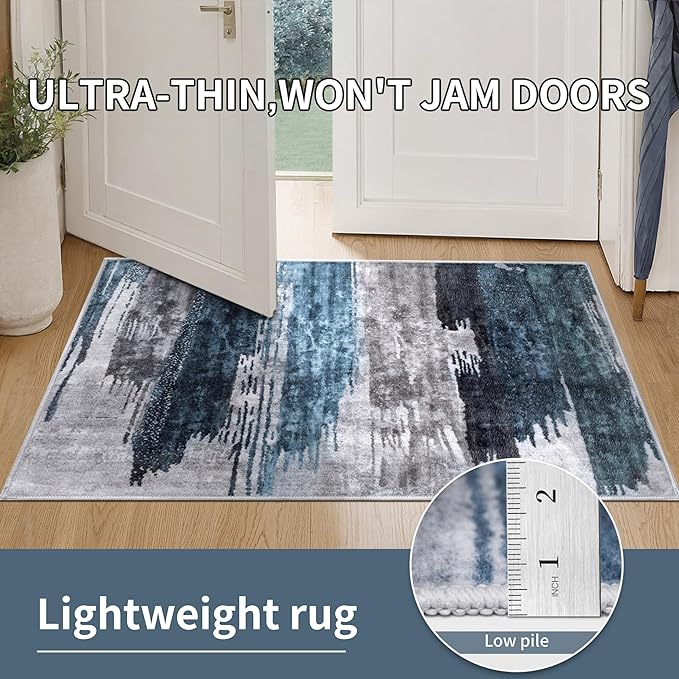Ciicool 2x7 Washable Runner Rug, Modern Abstract Hallway Rugs Runner, Non-Slip Thin Accent Rug Lightweight Navy Grey Print Distressed Carpet for Kitchen Laundry Entryway Bedroom Indoor